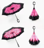 Parapluies inversés motifs fleurs rose fuchsia, poignée en C. Double toile anti-UV.