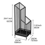 Support à parapluies noir avec mesures : 62 cm de haut, 25 cm de large, 20 cm de profondeur. Compact et stable, idéal pour usage domestique ou bureau.