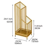 Dimensions de ce beau porte parapluie doré en métal, 64 cm de haut, 25 cm de large et 20 cm de profondeur.