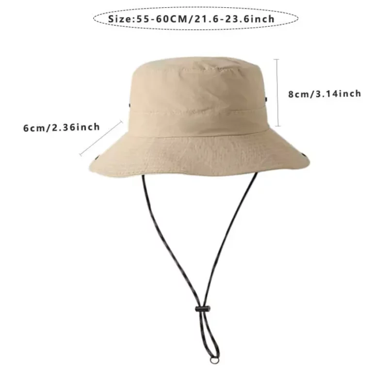 Chapeau de pluie beige unisexe, tour de tête 55–60 cm. Léger, respirant et ajustable, idéal pour les activités extérieures sous le soleil ou la pluie.