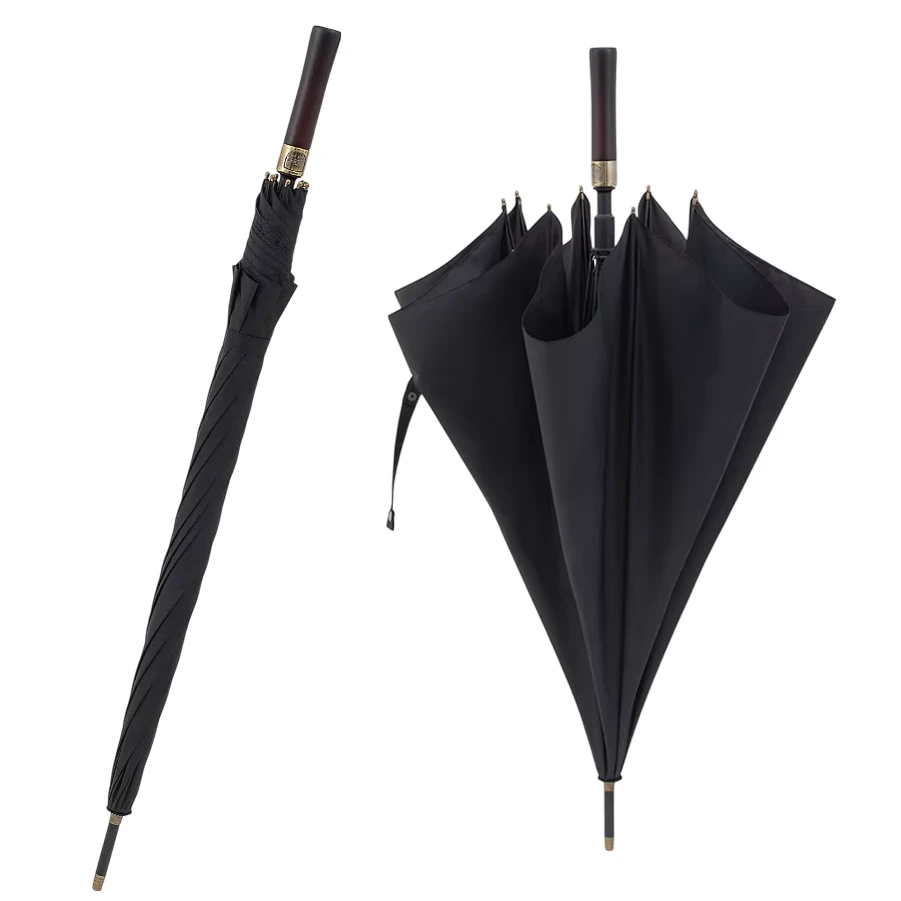 Parapluie de golf noir élégant, manche long et droit en bois poli, idéal pour affronter la pluie avec style et confort.