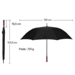 Schéma technique : parapluie noir 132 cm, hauteur 103,5 cm, poids 725 g, manche bois, 8 baleines solides.