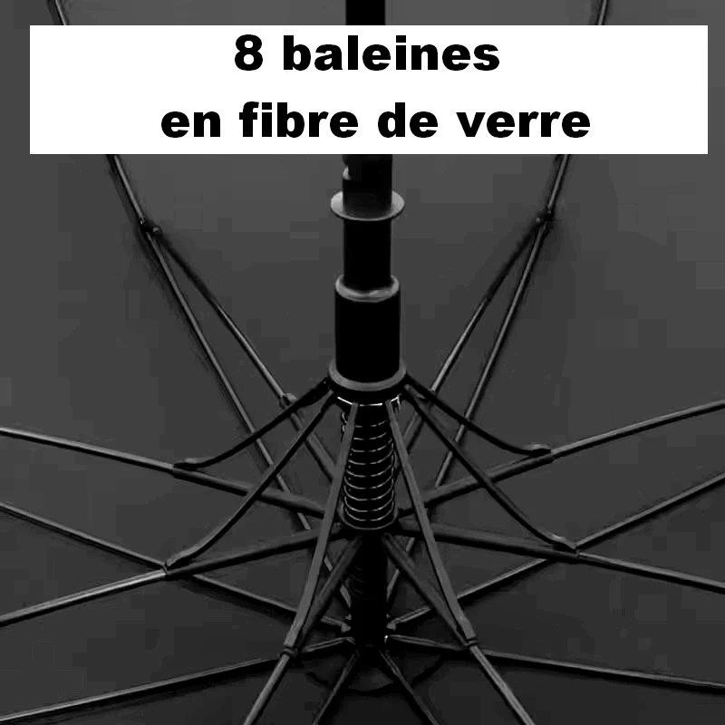 Zoom sur le mécanisme interne du parapluie, 8 baleines en fibre de verre résistantes au vent fort.