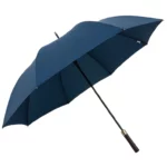 Version bleue du parapluie de golf, toile imperméable, manche bois et détails dorés, élégance intemporelle.