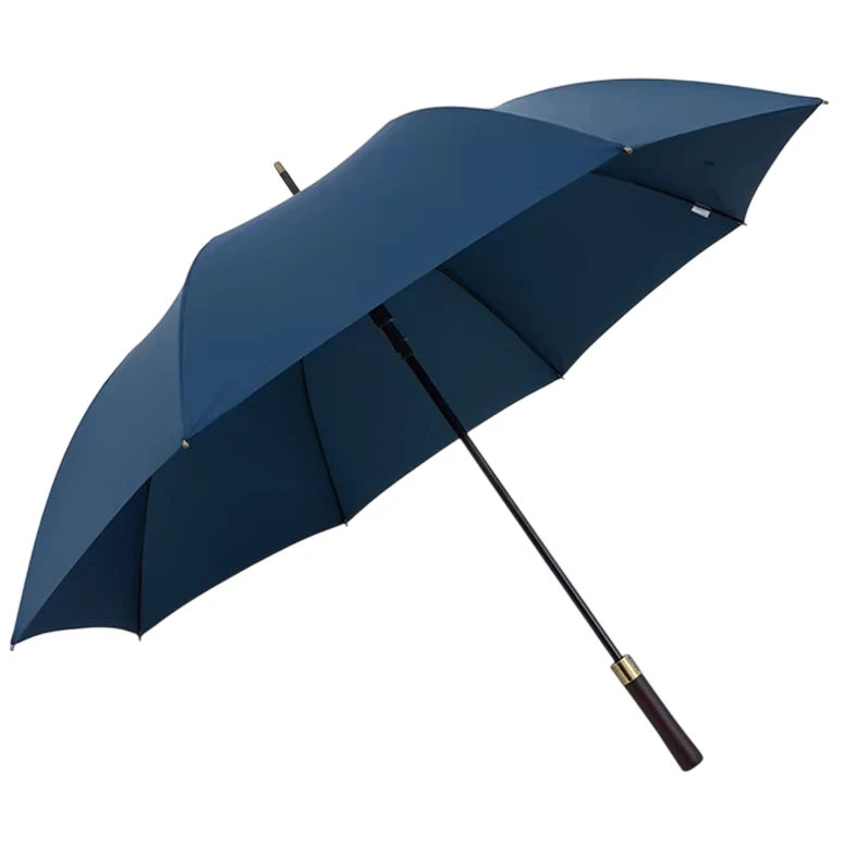 Version bleue du parapluie de golf, toile imperméable, manche bois et détails dorés, élégance intemporelle.