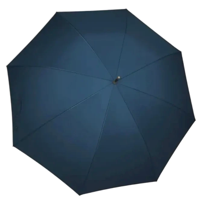 Vue de dessus du parapluie de golf bleu, toile imperméable et finition soignée, élégance et protection maximale sous la pluie.