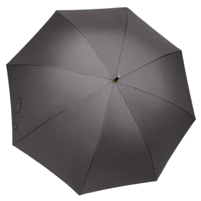 Parapluie gris moderne, grande envergure, toile résistante et finitions dorées, chic et efficace contre la pluie.