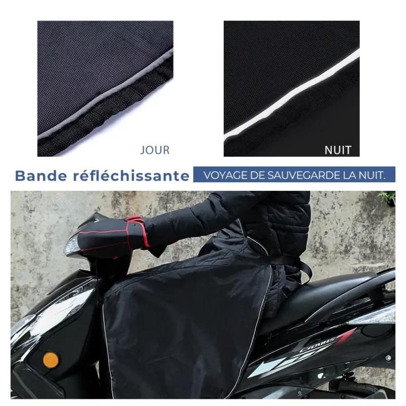 Bande réfléchissante jour/nuit sur tablier scooter. Sécurité renforcée et visibilité maximale la nuit sur route mouillée.