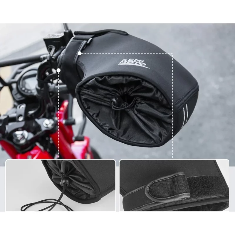 Manchons scooter Kemi Moto imperméables avec serrage ajustable. Protection optimale des mains par temps froid et humide.
