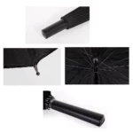 Détails du parapluie droit noir : poignée antidérapante, armature renforcée et coutures solides. Résiste au vent et à la pluie intense.