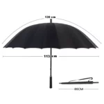 Grand parapluie noir 130 cm de diamètre, 24 baleines en acier, ouverture manuelle fluide et housse incluse. Élégant et durable.