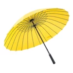 Parapluie jaune vif, 24 baleines, droit, design lumineux et dynamique. Grande voûte protectrice, parfait pour illuminer les journées pluvieuses.
