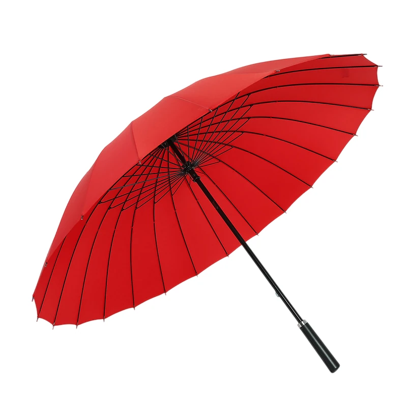 Parapluie rouge vif, élégant et robuste, anti retournement. Sa large toile et ses 24 baleines assurent une protection complète même sous forte pluie.