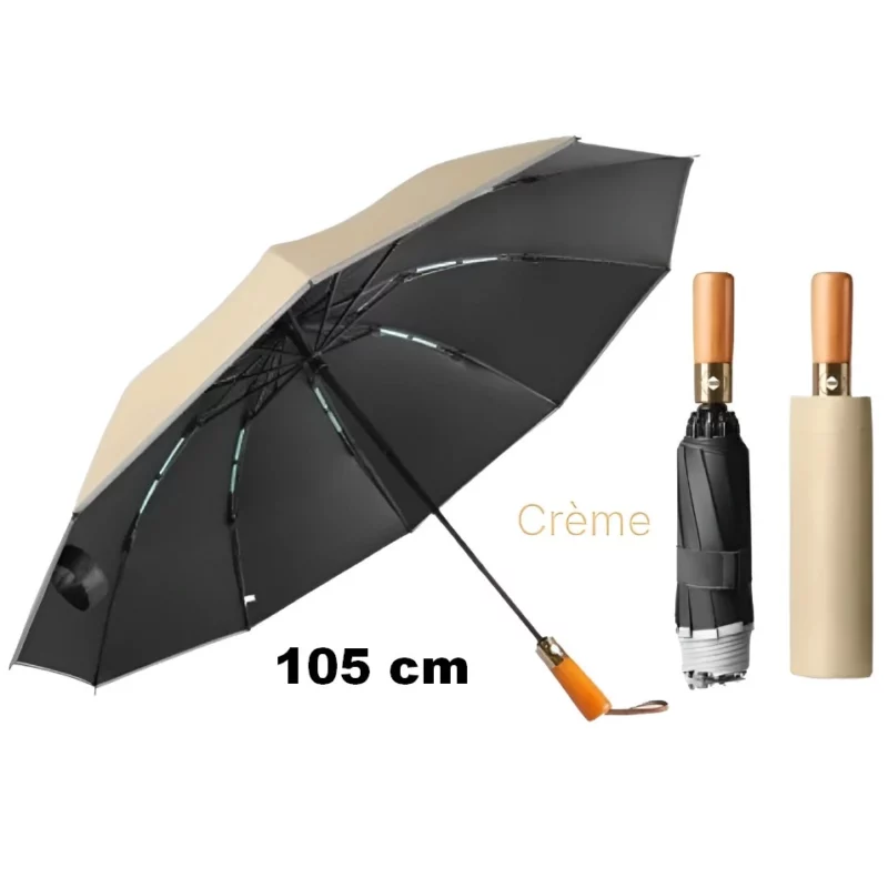 Parapluie inversé automatique noir et crème, design moderne avec étui de protection, pratique et élégant pour les jours de pluie.