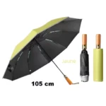 Parapluie inversé automatique noir et jaune avec design moderne, accompagné d'un parapluie pliable noir et d'un étui jaune.