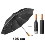 Parapluie inversé automatique noir avec poignée en bois, ouvert et plié dans un étui noir, parfait pour un style élégant et pratique.