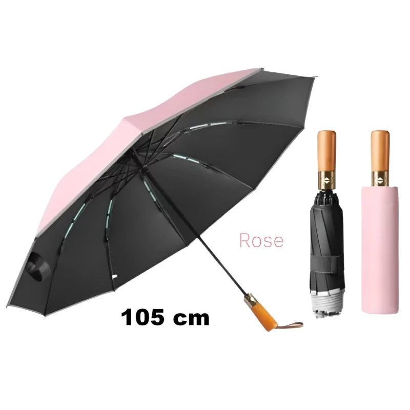 Parapluie inversé automatique, noir et rose, élégant et pratique avec étui assorti. Accessoire chic pour une protection optimale.