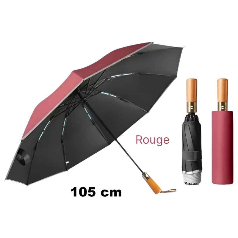Parapluie inversé automatique noir et rouge ouvert avec poignée bois, deux modèles compacts fermés rouge et noir posés à côté.