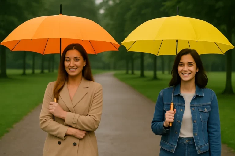 Deux femmes souriantes sous un parapluie orange et un jaune dans un parc verdoyant. Scène lumineuse et naturelle, parfaite pour illustrer la joie sous la pluie.