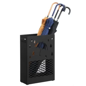 Porte-parapluie noir en métal ajouré, motif pluie et parapluie. Élégant et pratique pour ranger vos parapluies dans l’entrée.