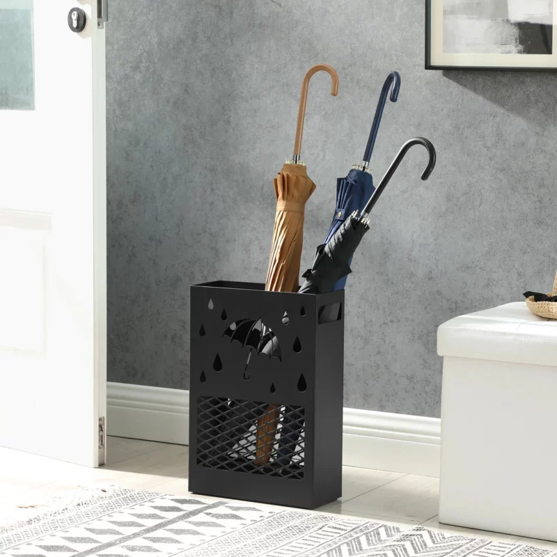 Porte-parapluie noir élégant avec structure en métal et motif pluie, idéal pour ranger plusieurs parapluies sans désordre.