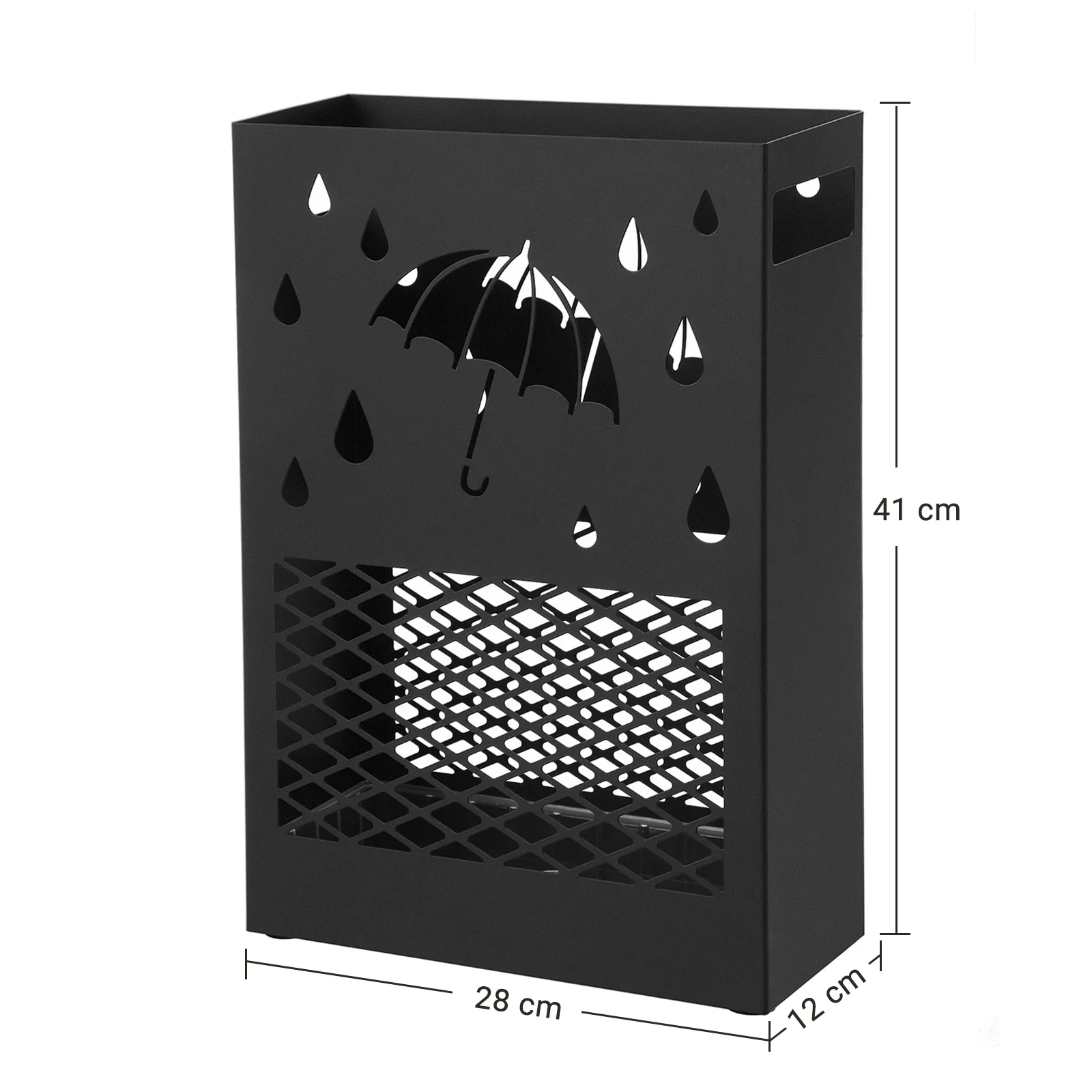 Porte-parapluie en métal noir, dimensions 41×28×12 cm. Design contemporain ajouré, pratique pour l’entrée ou le bureau.