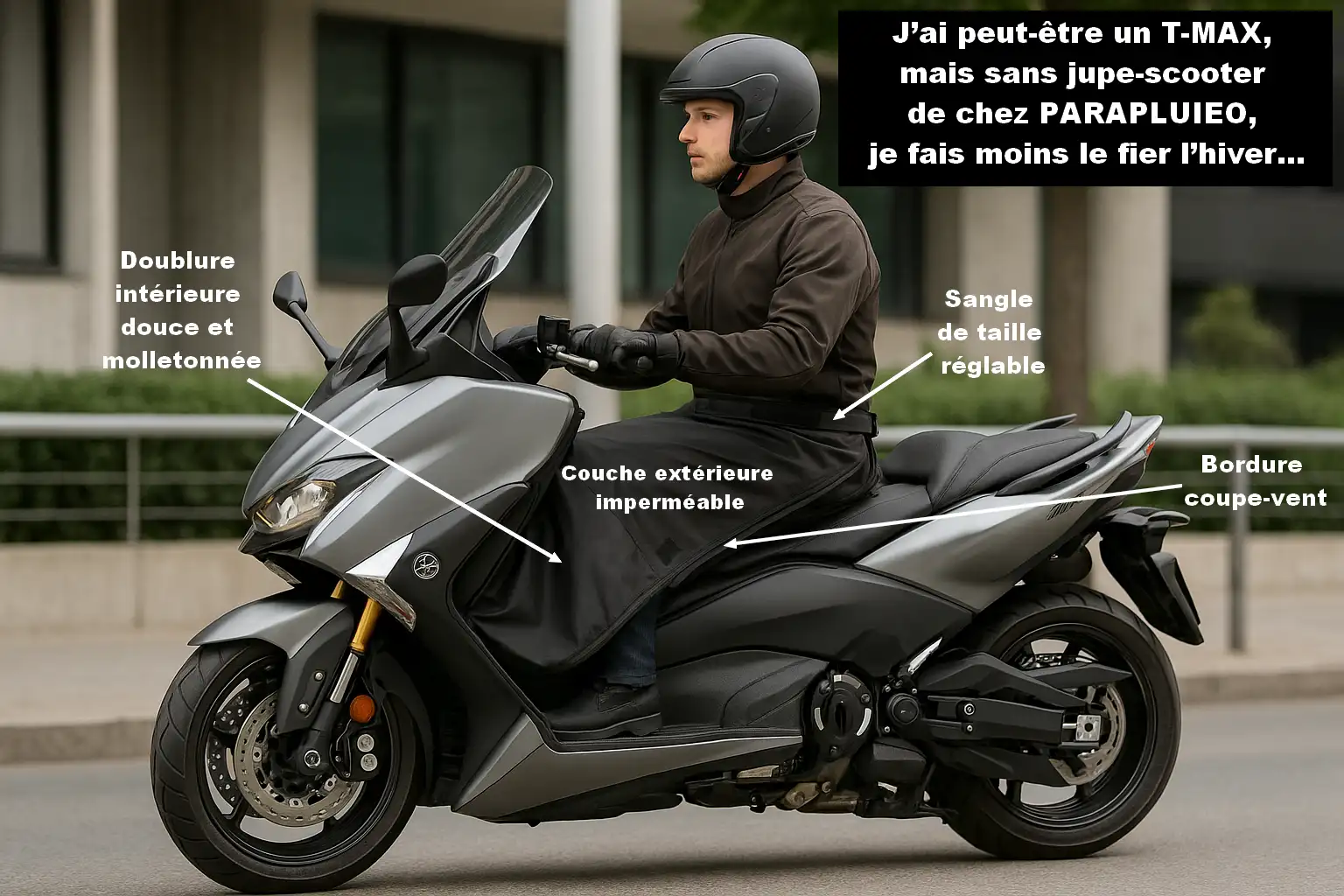 Jupe scooter hiver PARAPLUIEO pour Yamaha TMAX : doublure chaude, couche imperméable, sangle réglable et bordure coupe-vent pour rouler au sec et au chaud.