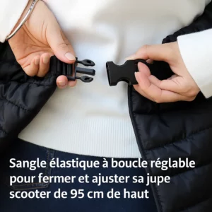 Jupe scooter de 95 cm avec sangle élastique réglable et boucle clip. Confortable, pratique et ajustable à la taille pour une tenue élégante et fonctionnelle au quotidien.