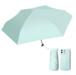 Parapluie vert pastel compact avec étui assorti. Mini format facile à ranger, protection efficace pluie et soleil. Couleur vert clair tendance.