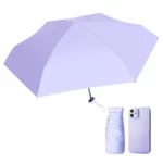 Parapluie violet pastel avec étui assorti. Mini format pratique, léger et chic pour sac à main. Couleur violette douce très tendance.