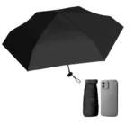 Parapluie noir compact avec étui noir. Modèle mini discret, robuste et pratique pour la pluie. Couleur noire élégante et passe-partout.