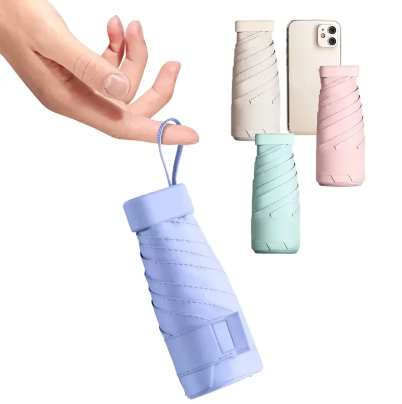 Mini parapluies pastel ultra compacts en bleu, vert, beige et rose. Modèle léger, facile à emporter. Idéal pour une protection rapide.