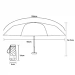 Schéma du mini parapluie compact : 100 cm ouvert, 15 cm plié. Protection large en format réduit. Idéal pour sac à main et déplacements.