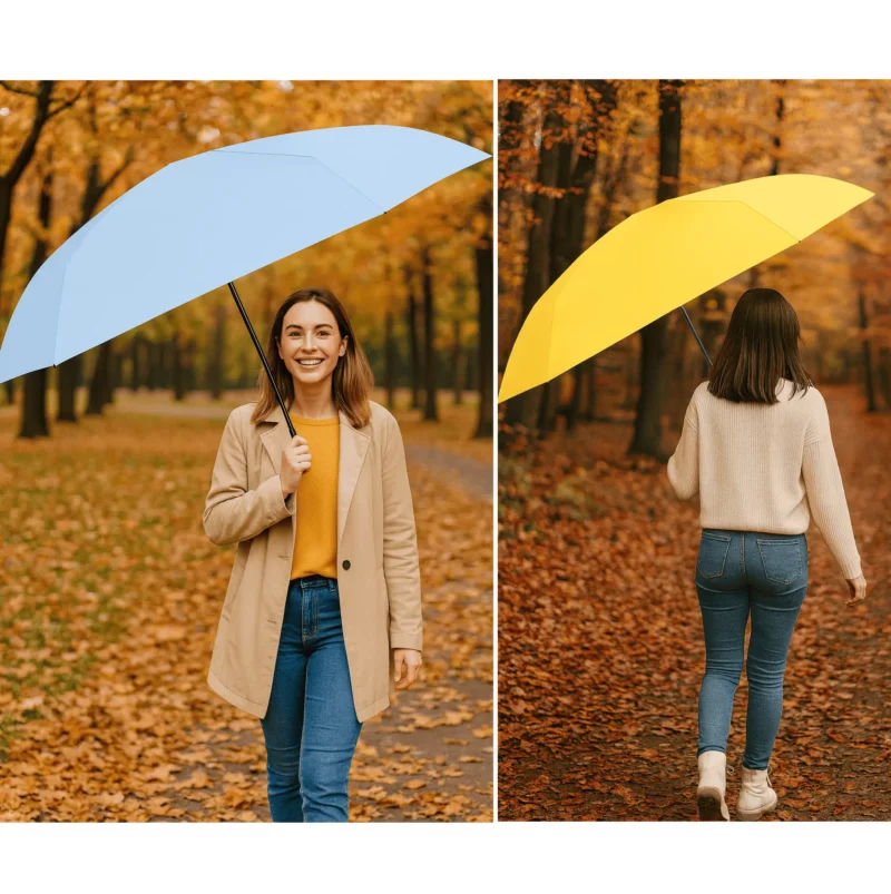 Parapluie bleu clair porté en extérieur, idéal pour la mi-saison. Modèle moderne, léger et élégant, offrant une protection fiable sous la pluie.