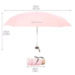 Parapluie rose ultra-léger, ouverture 92 cm et hauteur 55 cm. Format compact 19 cm idéal pour sac ou voyage. Protection UPF50+ efficace.