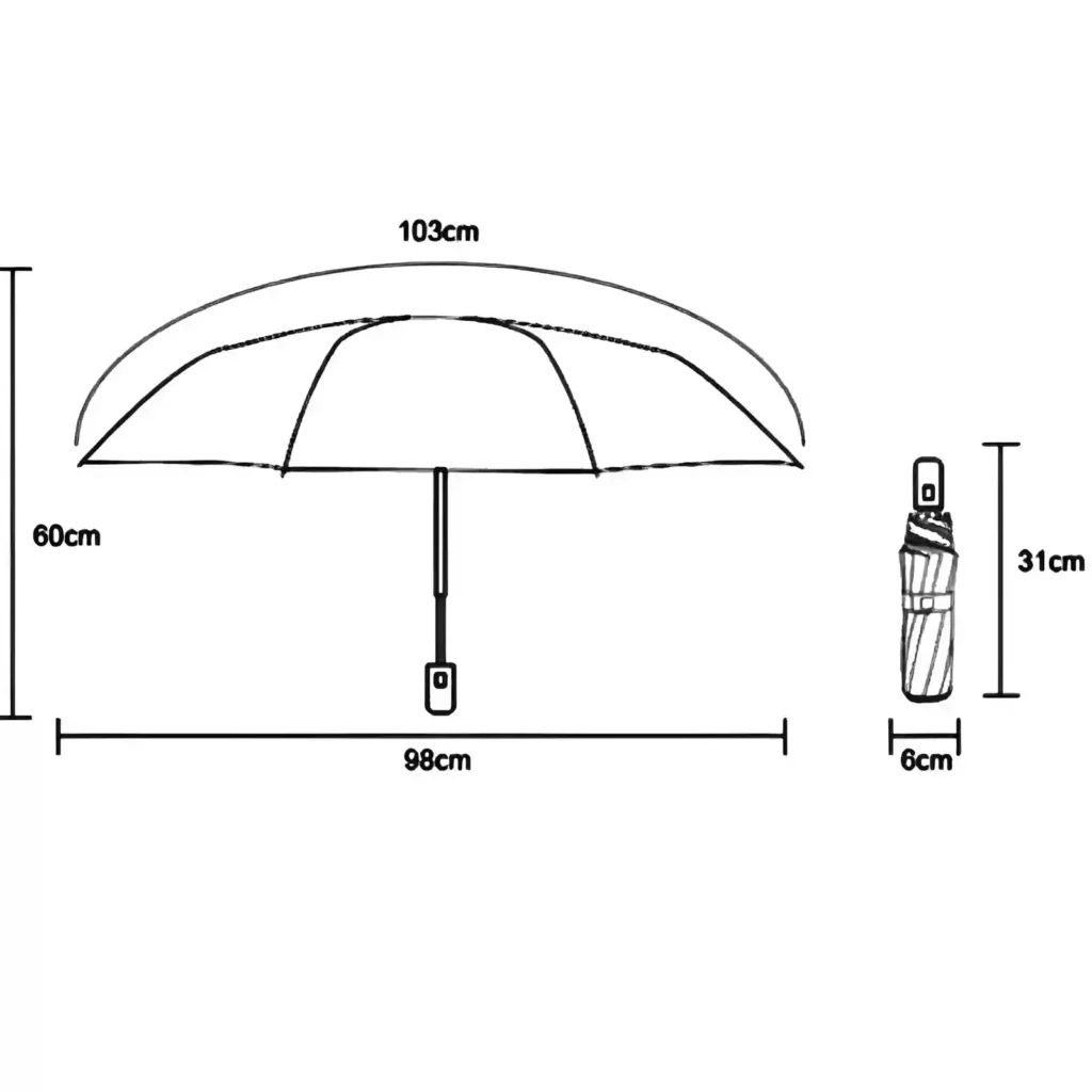 Parapluie anglais femme élégant, largeur 98 cm, hauteur 103 cm, compact plié 31x6 cm, accessoire chic intemporel.