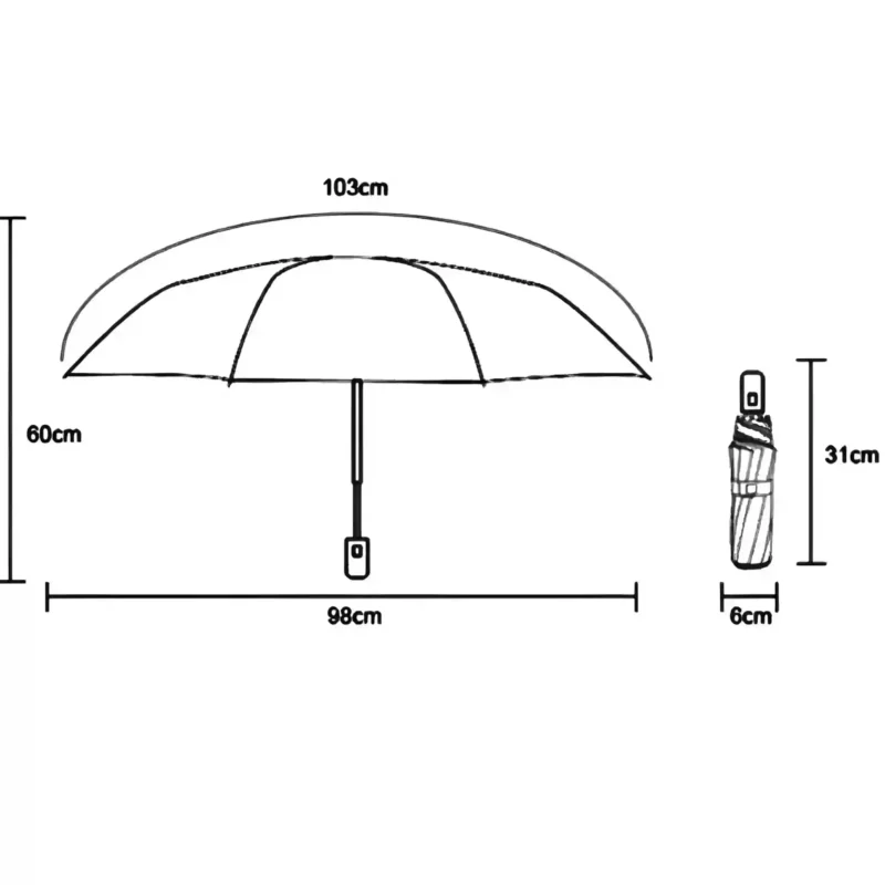 Parapluie anglais femme élégant, largeur 98 cm, hauteur 103 cm, compact plié 31x6 cm, accessoire chic intemporel.