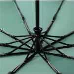 Structure interne noire ultra-résistante d’un parapluie vert d’eau. Renforts robustes contre les bourrasques. Finition haut de gamme.