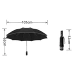Parapluie noir ouvert, diamètre 105 cm, hauteur 62 cm, replié 32 cm. Parfait pour une protection maximale, format pratique. C'est un parapluie automatique inversé à led.