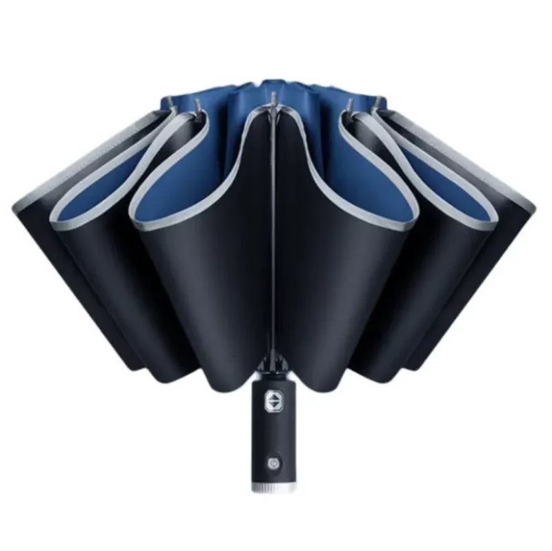 Parapluie bleu, automatique à bande refléchissante plus led. Sécurité, élégance et design moderne pour affronter la pluie de façon stylée.