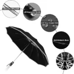Parapluie noir anti-retournement, 10 baleines renforcées, poignée LED ergonomique, toile 210T vinyle imperméable. Haute résistance.