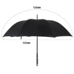 Parapluie noir avec 120 cm d'envergure et 105 cm de largeur. Parfait pour couvrir deux personnes avec style et efficacité.