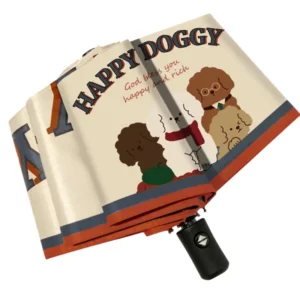Parapluie automatique motif chien beige et marron avec illustrations humoristiques Happy Doggy et texte God bless you happy and rich.