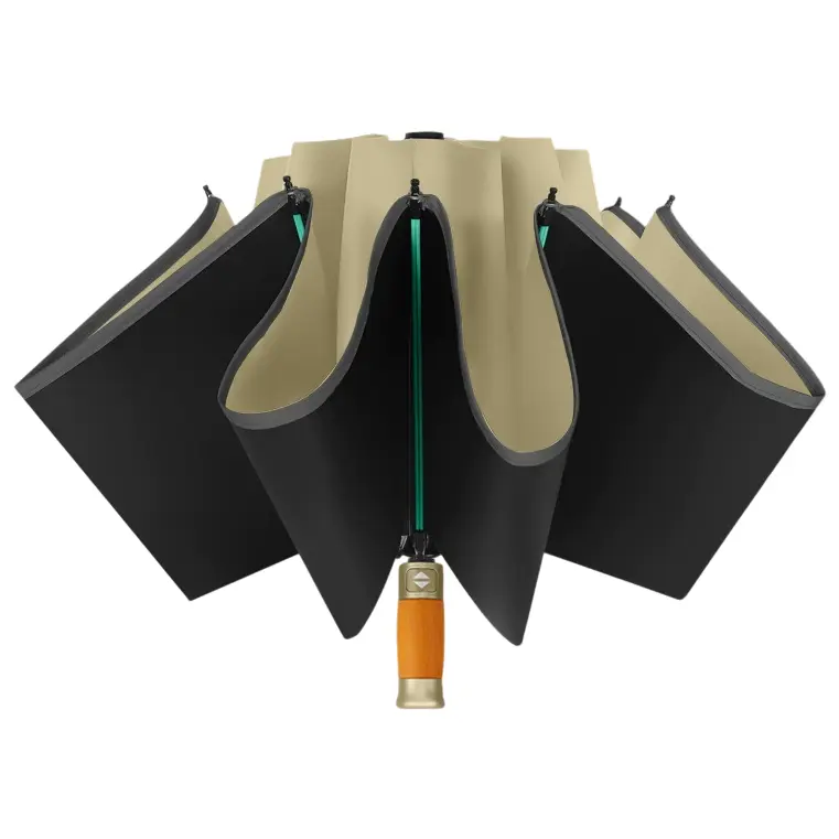 Parapluie automatique beige de luxe. Style premium, avec son très beau et solide pommeau en bois élégante.