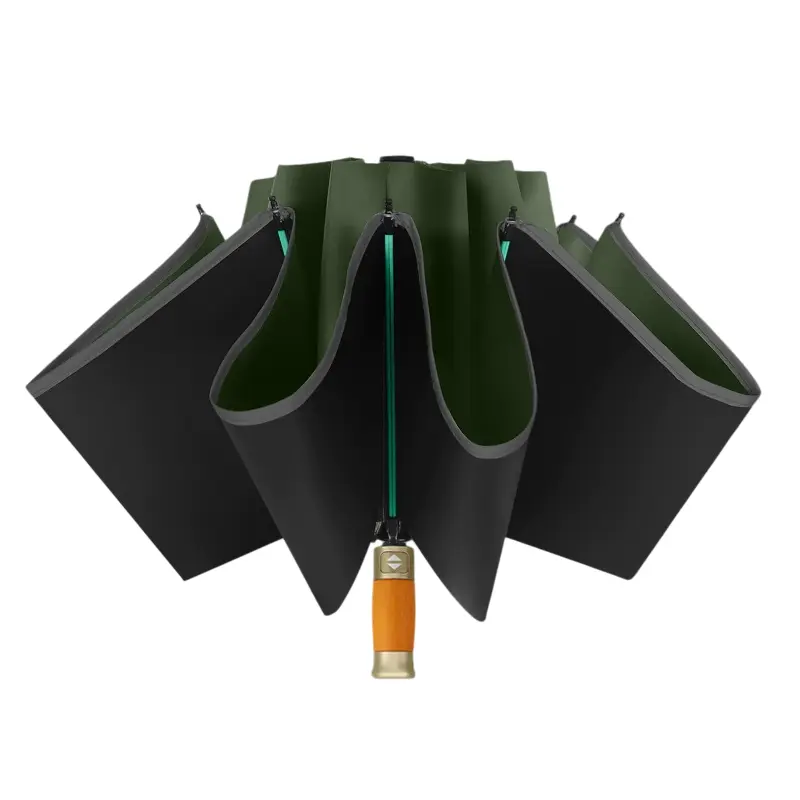 Parapluie noir intérieur vert kaki, design haut de gamme. pommeau en bois + structure robuste.
