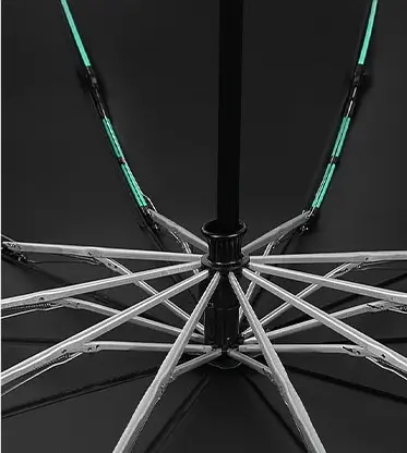 Structure interne du parapluie noir automatique, 12 baleines renforcées en fibre de verre. Modèle luxe ultra résistant et anti-retournement.