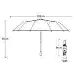 Schéma du parapluie aitomatique de luxe : 106 cm ouvert, 34 cm plié. Modèle compact et large.