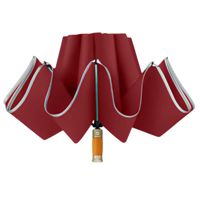 Parapluie rouge bordeaux, design luxe, modèle automatique avec pommeau bois élégant.