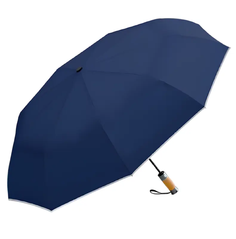 Parapluie bleu foncé ouvert, grande couverture, style luxe. Pommeau bois haut de gamme.