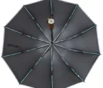 Parapluie noir automatique, structure renforcée avec 12 baleines vertes en fibre de verre. Modèle luxe anti-vent, élégant et robuste.